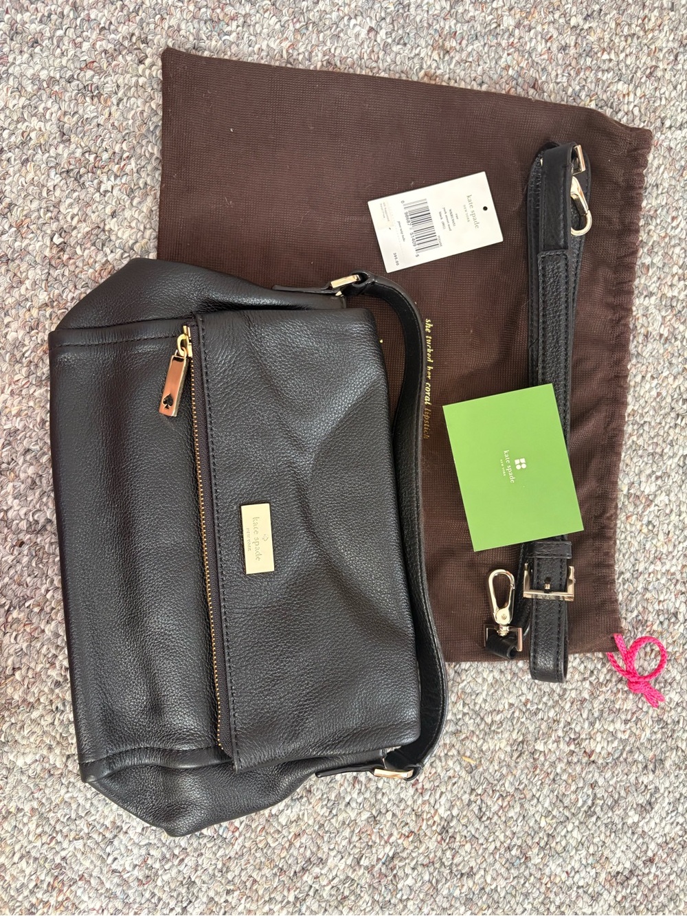 kate spade Black Pebbled Leather Shoulder Bag with Gold Plaque